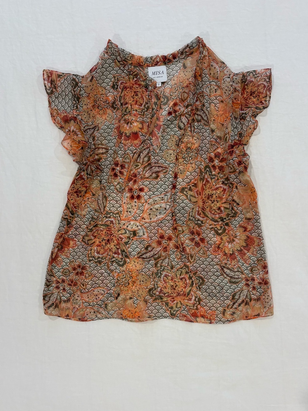 Misa Los Angeles Orange Floral Ruffle Cap Sleeve Blouse